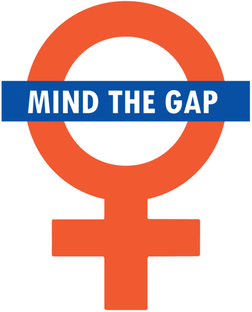 Mind the gap written in text box in front of gender symbol for women in red.
