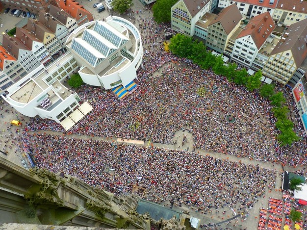 Mass crowd protest aerial view 